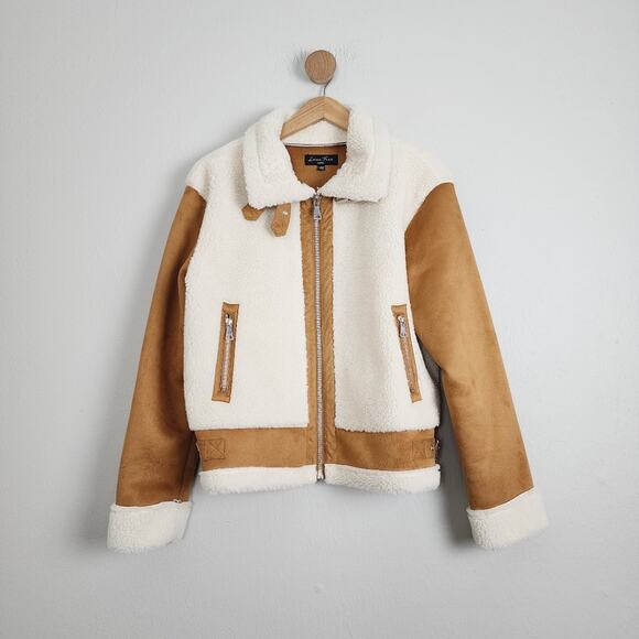 NWOT Love Tree Tan Suede Faux Sherpa Moto Jacket Large - Picture 1 of 11